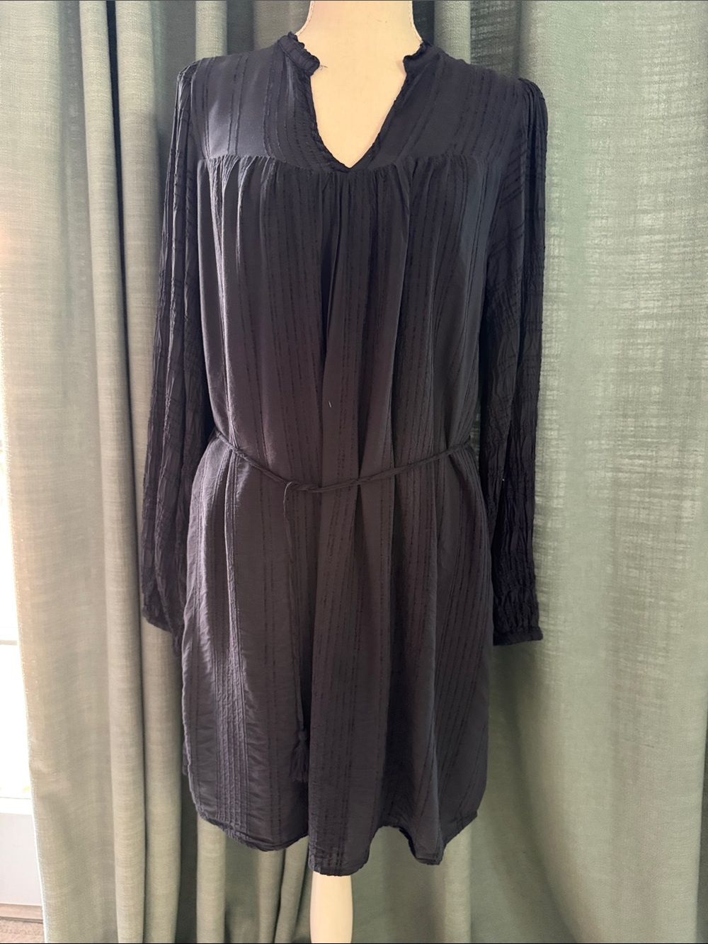 Gentle Fawn Black Long-Sleeve Textured V-Neck Mini Dress